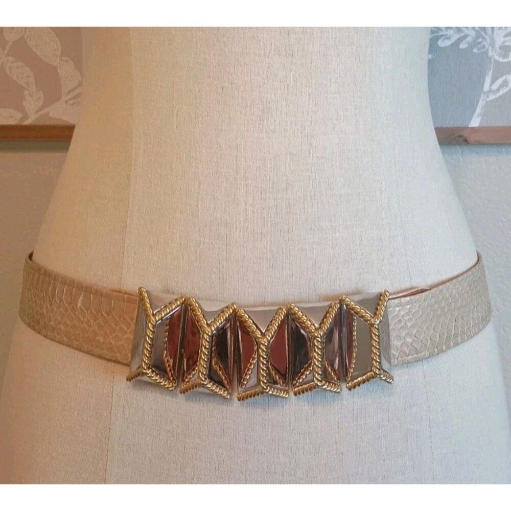 Vintage 80s Alexis Kirk Snakeskin Belt Statement Cream Mirrored Buckle